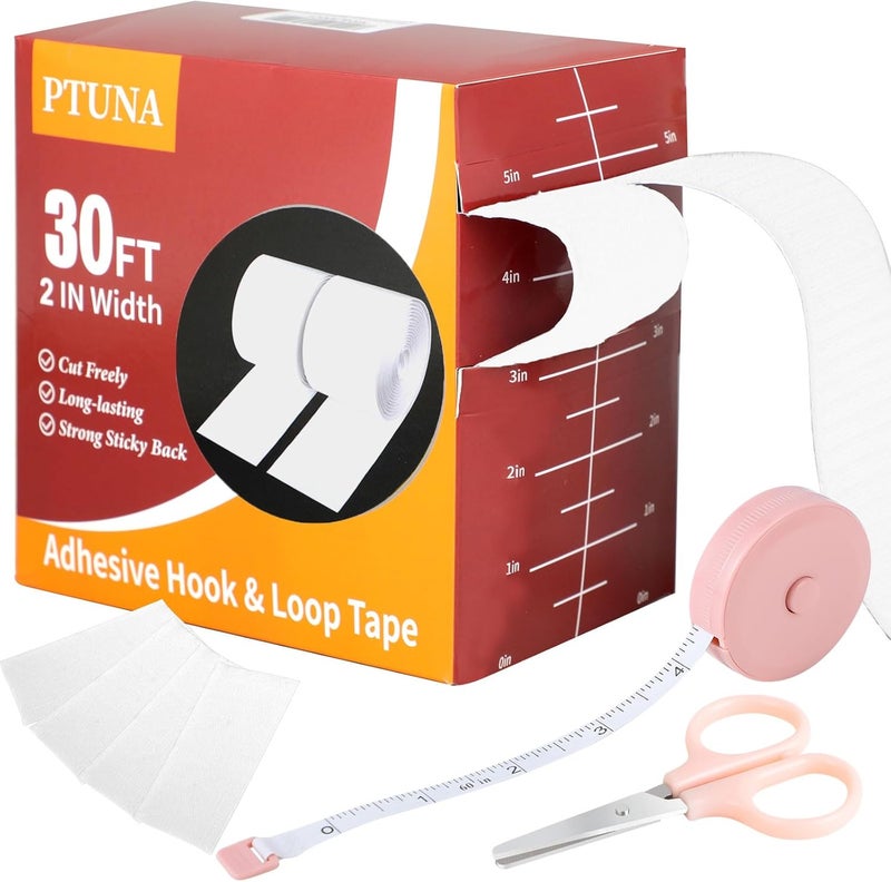 PTUNA 30Ft *2 Inch Hook and Loop Tape with Adhesive Back, Heavy Duty Double Sided Adhesive Strips, Strong Sticky Strips Roll for Home/Office/School/Car, White - Image 1